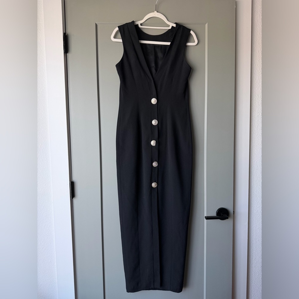 Lillie Rubin Black Maxi Dress with Silver Buttons
